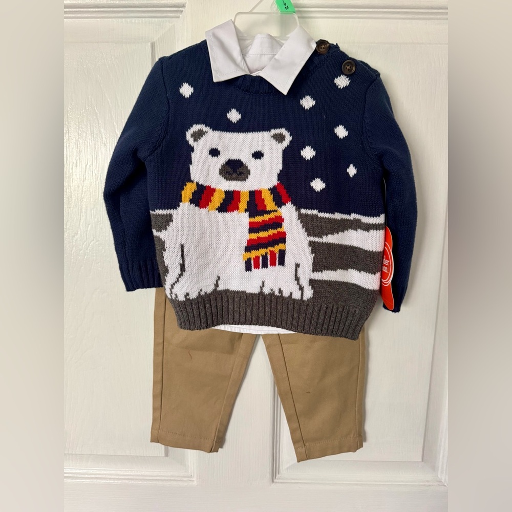 NWT Winter Sweater 3 pce set Polar Bear Scarf Navy Khaki White HOLIDAY